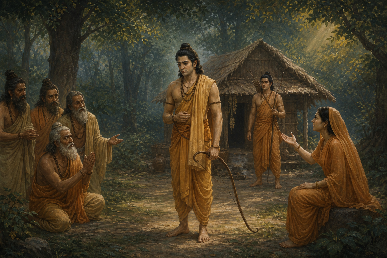 Rama considers his bow as rishis seek protection, Sita addresses him, and Lakshmana watches beside a forest dwelling.