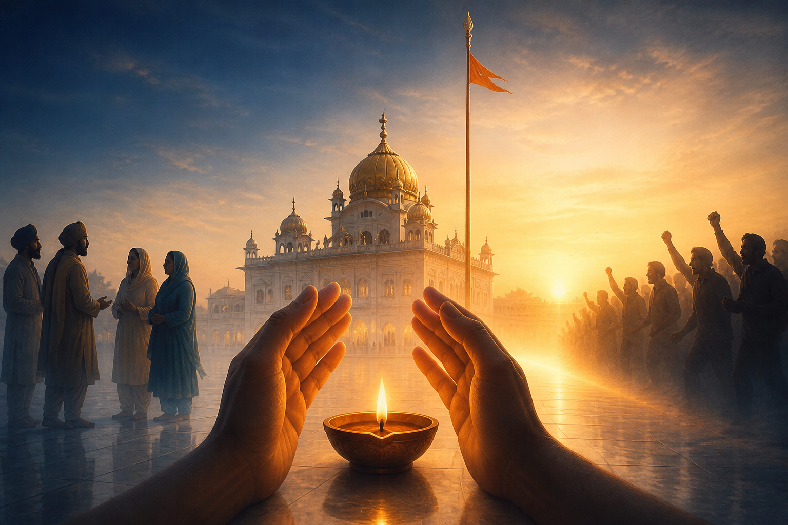 Open hands protect a small flame in a gurdwara courtyard while calm figures and a tense crowd stand on opposite sides.