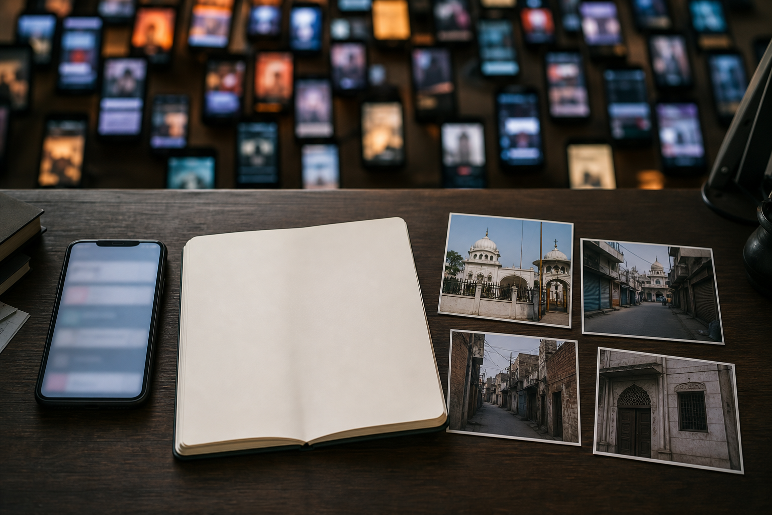 A smartphone, blank notebook, and unmarked photo cards sit in focus while a wall of blurred social media screens glows behind them.