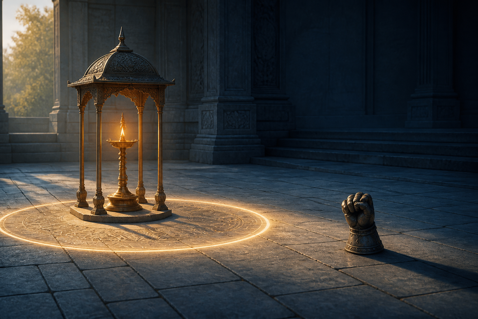 A glowing ceremonial lamp and a clenched armored glove stand apart on opposite sides of a circle of light.