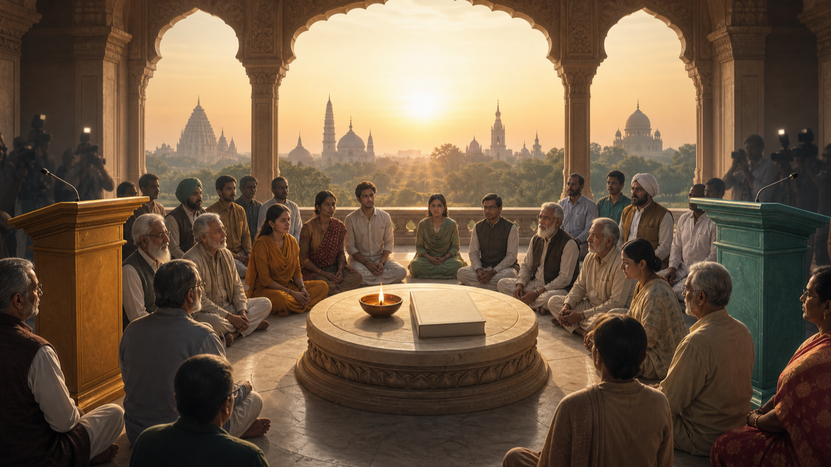 Diverse Indian citizens gather around a lit earthen lamp and an unmarked closed book between two empty lecterns in a civic hall at dawn.