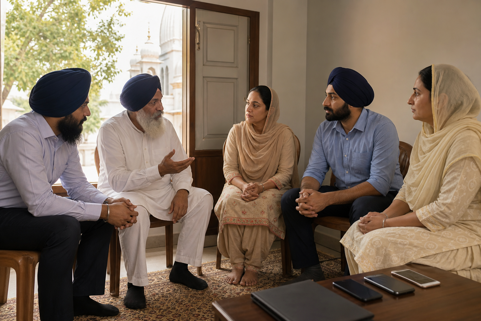 Five Sikh community members hold a calm discussion in a meeting room while their phones rest face down on a side table.