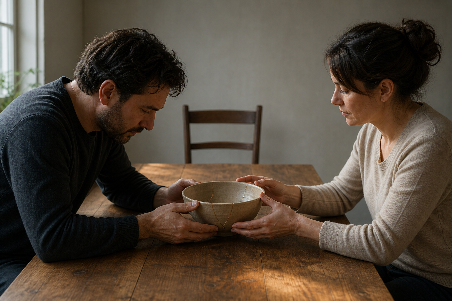 Two people in a mediation room carefully repair a broken clay bowl together while an empty chair stands nearby.