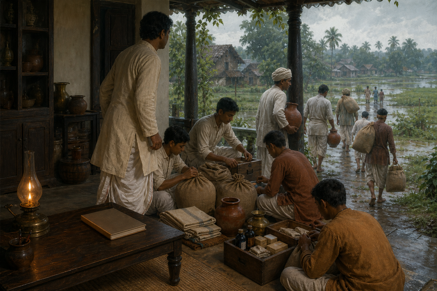 A nineteenth-century Bengali scholar leaves a low writing desk to help students and neighbors prepare food, cloth, water, and medicine for villagers.