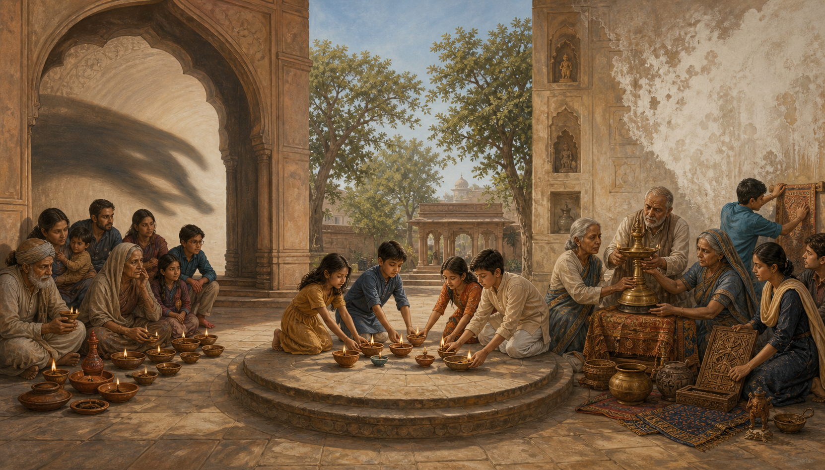Two groups in a shared courtyard protect different lamps and cultural objects while children bring their lamps together on a central stone platform.