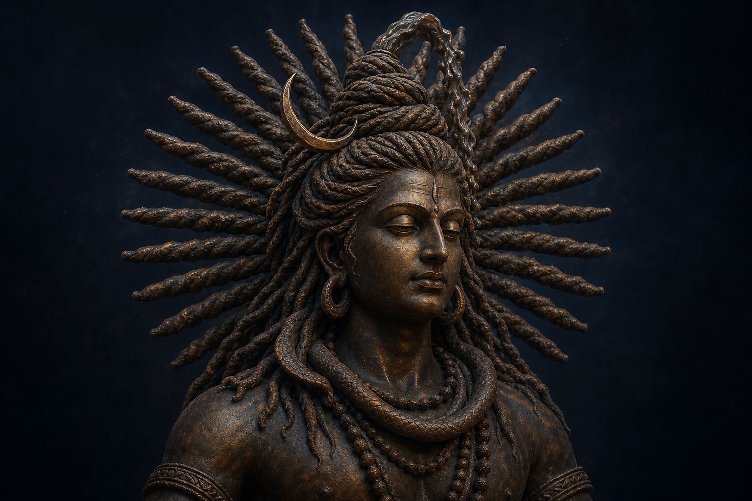 Bronze visualisation of Shiva with thick matted locks radiating in a circular fan around a serene face.