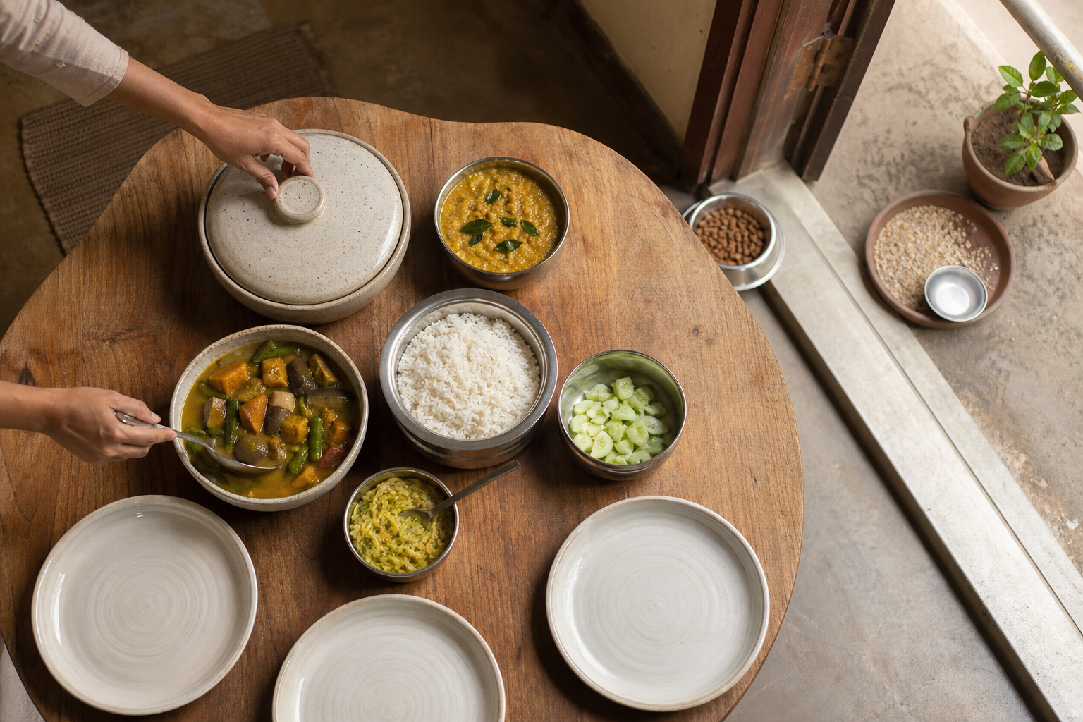 First portions of a household meal are set aside for a neighbor, an animal, and birds while the family's plates remain empty.