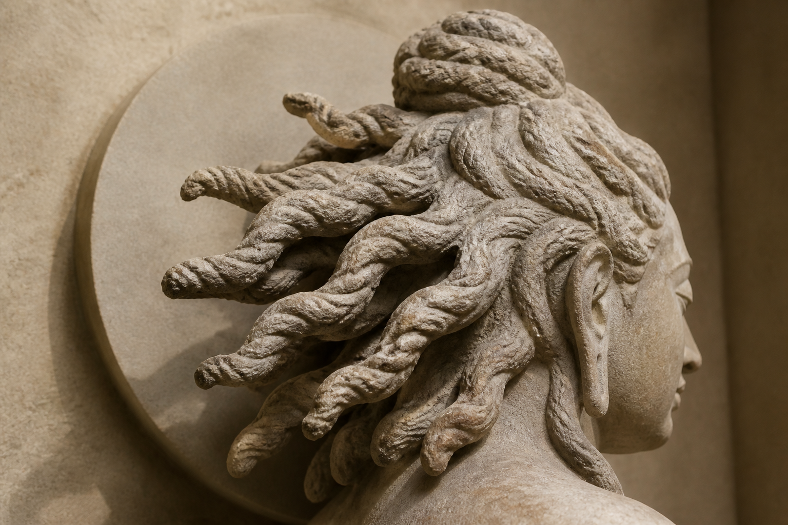Close view of carved matted locks radiating from a Shiva head in front of a separate smooth circular halo.