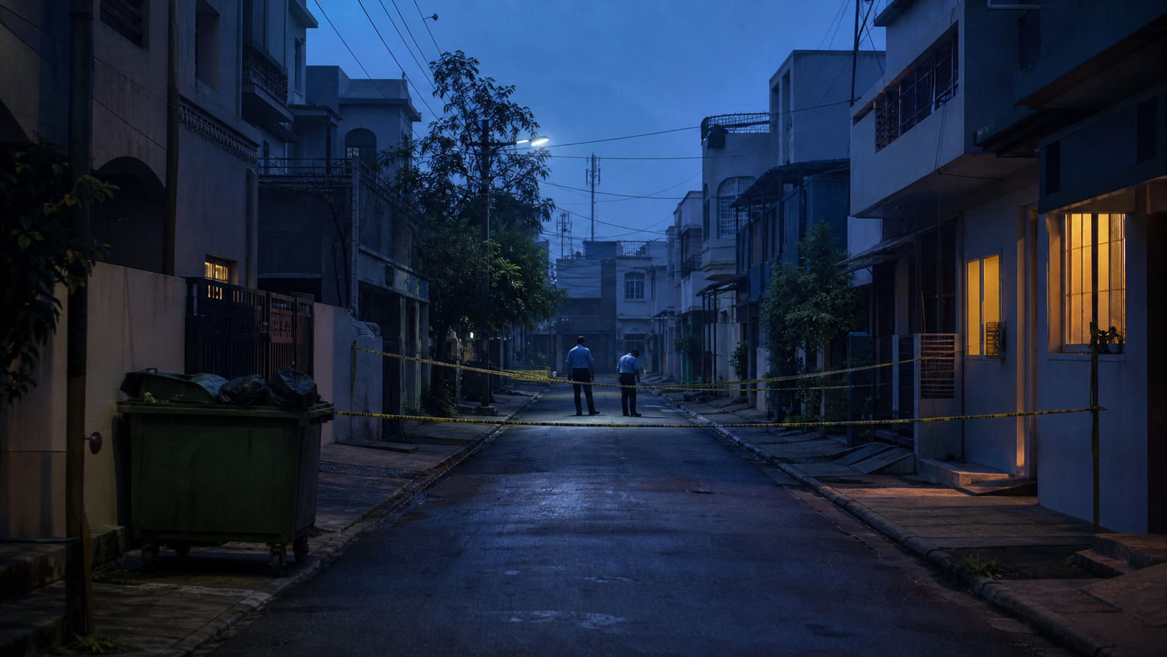 A cordoned residential lane in Sangli with a garbage container and two investigators at the empty scene before dawn.