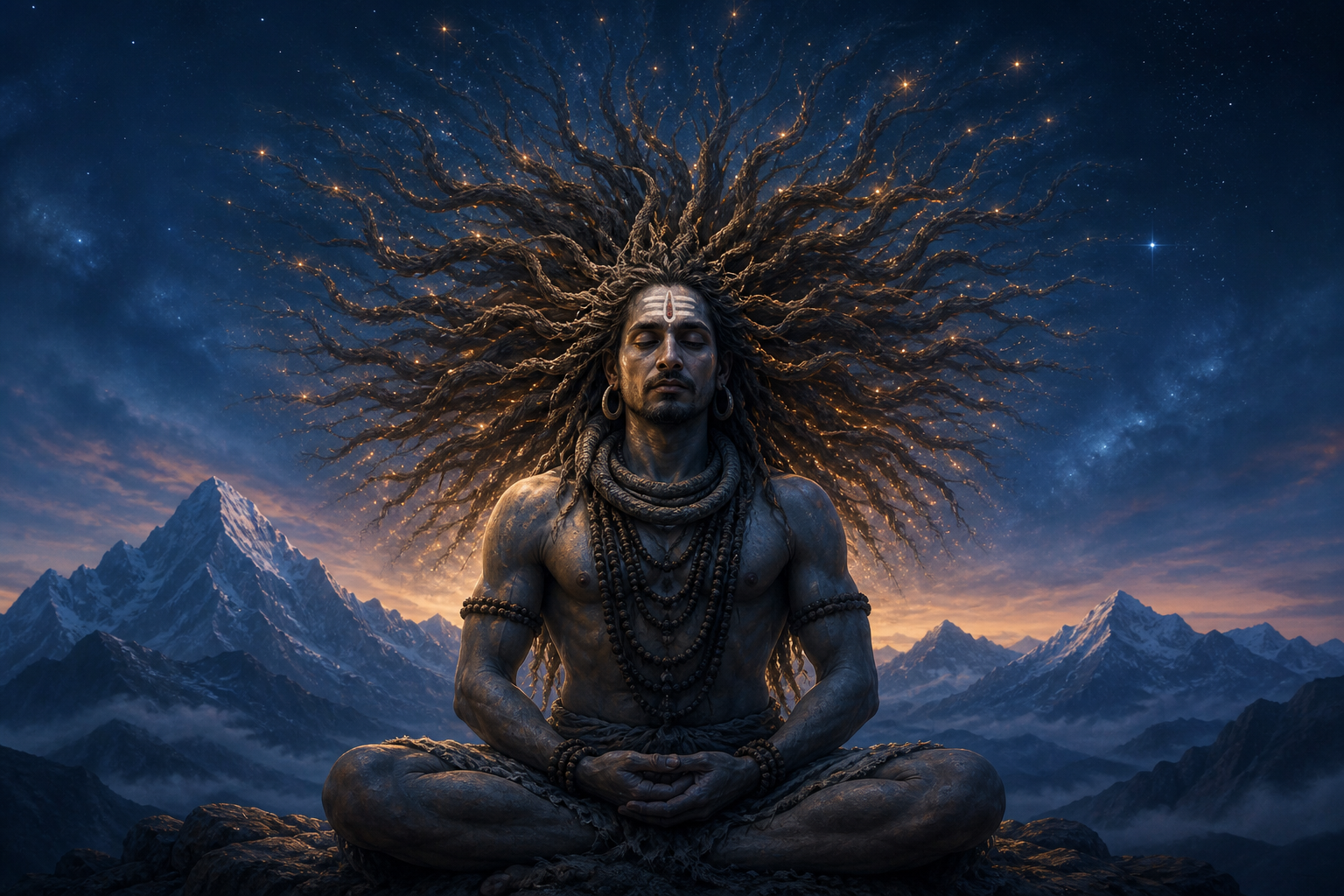 Meditating Shiva with matted locks arranged in a balanced radial circle against a quiet Himalayan dawn.