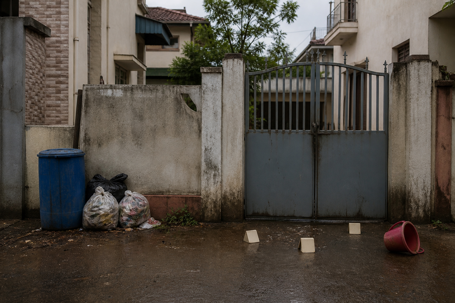 A shared residential boundary with household waste near a municipal bin and an empty area being examined after an incident.