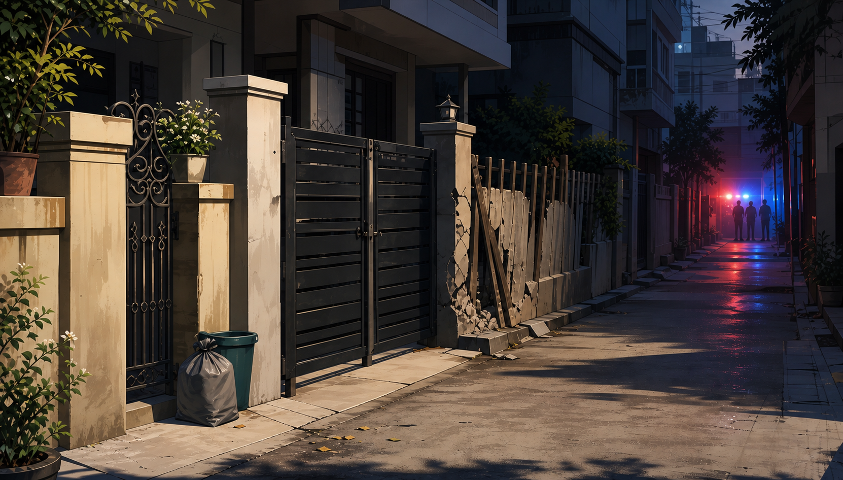 An editorial illustration shows a residential lane becoming progressively darker and more tense toward an emergency response in the distance.
