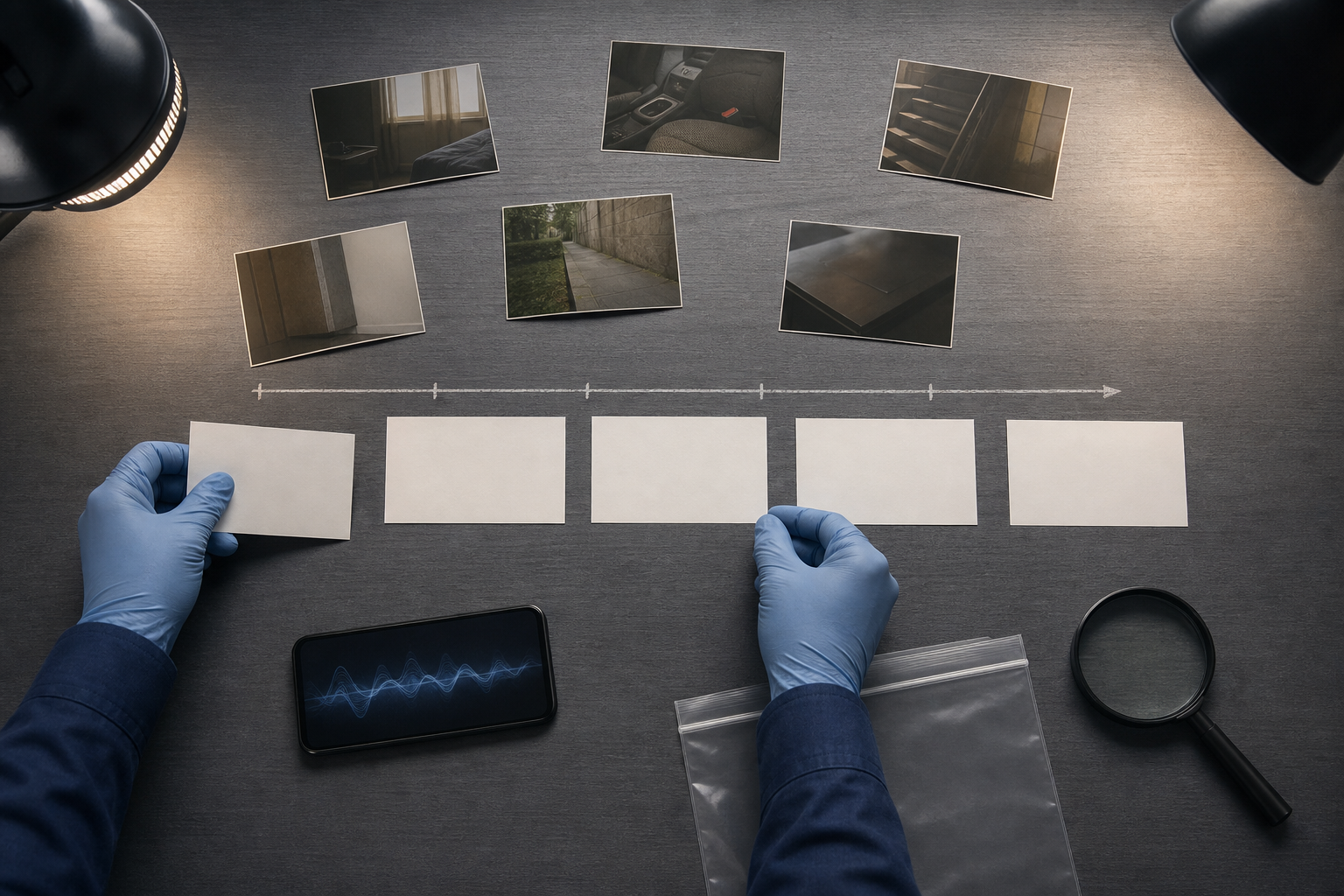 Gloved hands organize blank cards, generic scene photographs, an evidence sleeve, and a phone during a careful review of evidence.