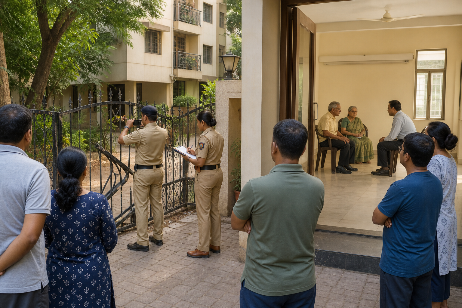 Neighbours and police document damage and support residents during a coordinated community safety response.