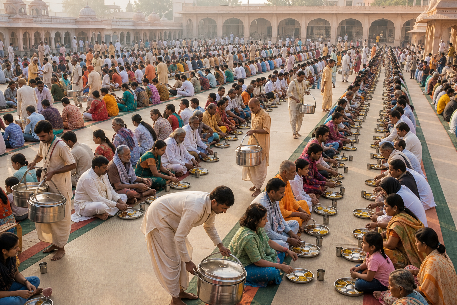 Volunteers carry covered food vessels along orderly rows of devotees seated with stainless-steel plates in a Vrindavan courtyard.