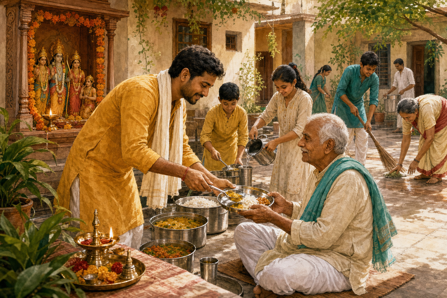 A devotee serves a meal to an older neighbor in a community courtyard while volunteers work near a flower-decorated Rama shrine and glowing oil lamp.