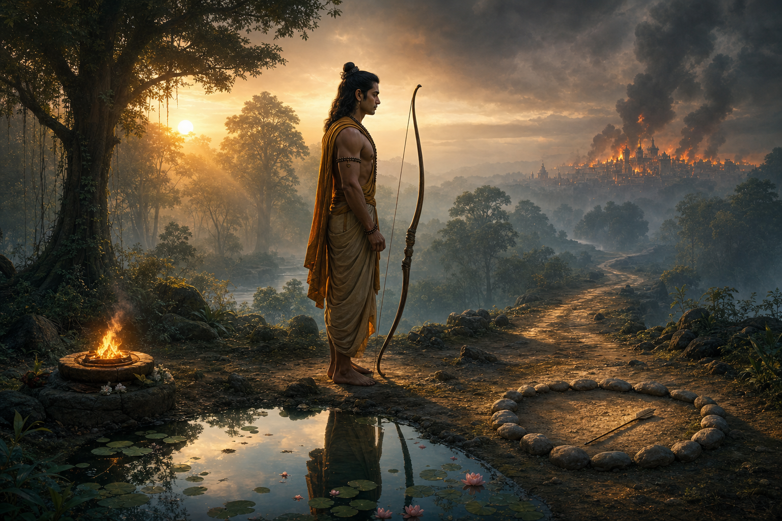 Lakshmana pauses with his bow amid an altar flame, a stormy road, a ring of stones, and a reflective lotus pool.