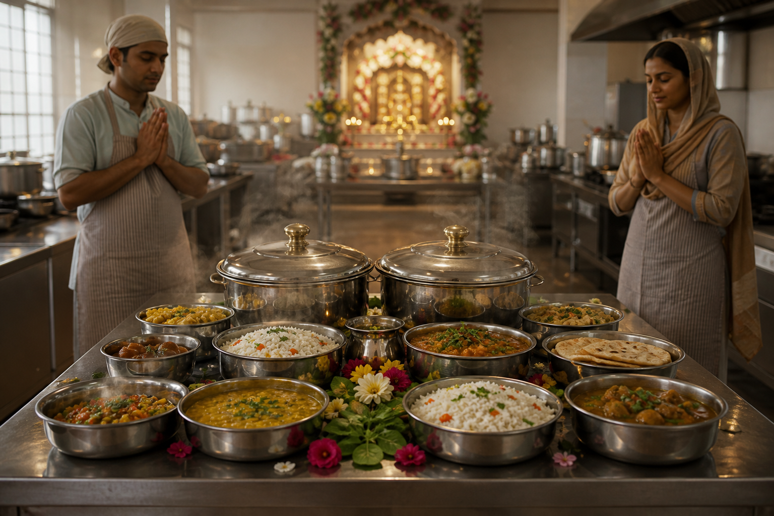 Bowls of freshly cooked vegetarian food are arranged before a softly lit shrine alcove while two kitchen volunteers stand with folded hands.