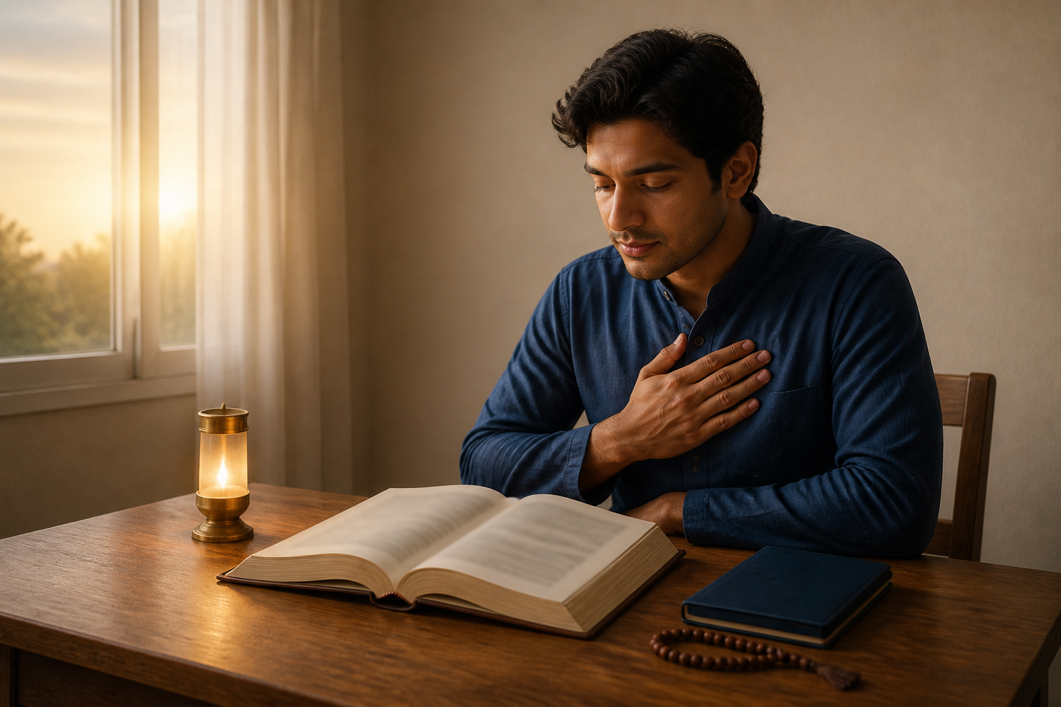 A student sits at a wooden desk with an open scripture volume, a notebook, prayer beads, and a lamp in the light of dawn.