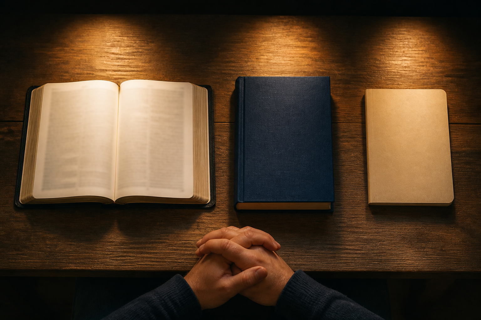 An open scripture, a separate commentary volume, and a notebook are arranged in three distinct spaces on a wooden table.