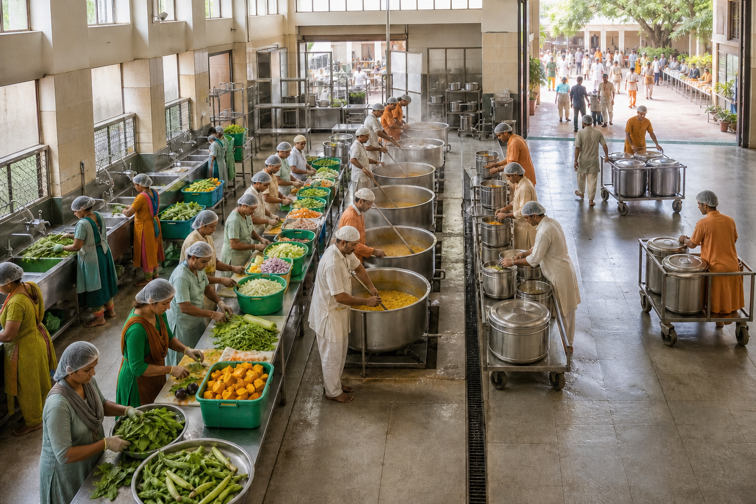 Kitchen teams wash and chop vegetables, cook in large kettles, fill covered vessels, and load serving trolleys in connected work stations.