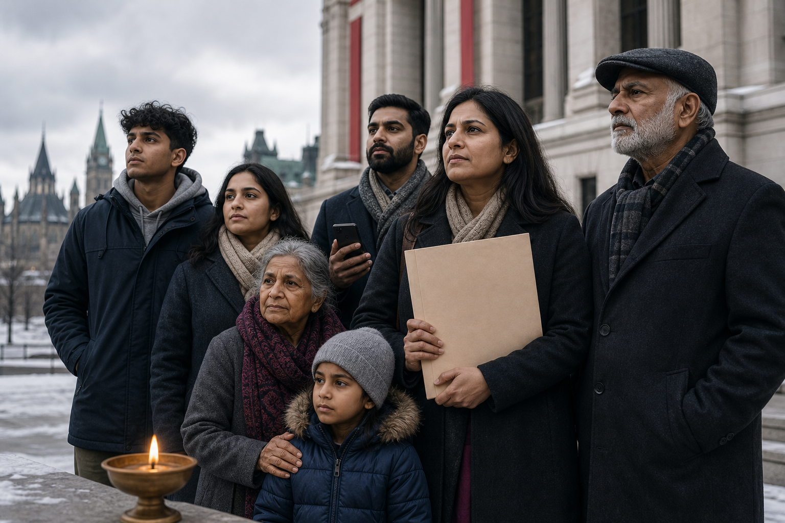 A multigenerational group of Hindu Canadians stands outside a Canadian civic building with an evidence folder, a phone, and a glowing brass diya in the foreground.