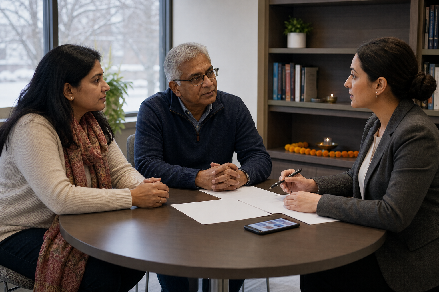 Two Hindu Canadian community members discuss an incident with a legal advocate at a table holding a phone and unmarked evidence papers.