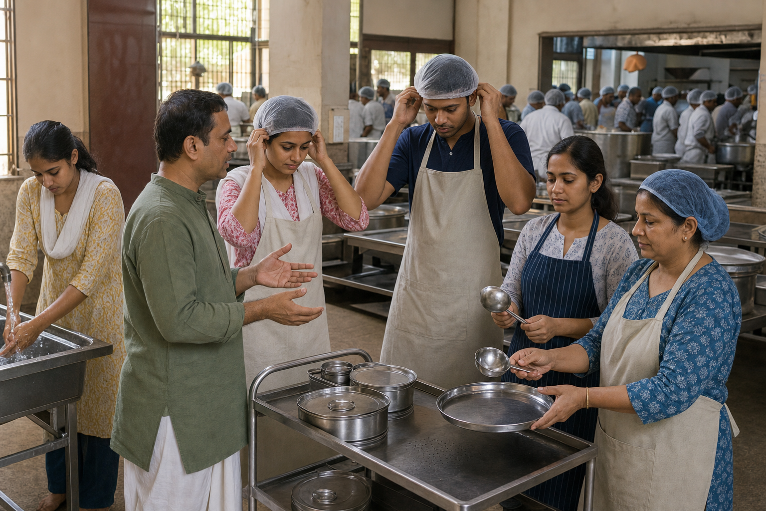 A coordinator briefs kitchen volunteers as they wash their hands, put on hair coverings, and prepare clean serving utensils and covered containers.