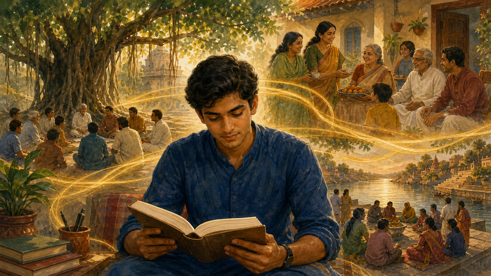 A modern student reads in the foreground as softly connected scenes show an oral teaching circle, family hospitality, and a riverside community gathering.