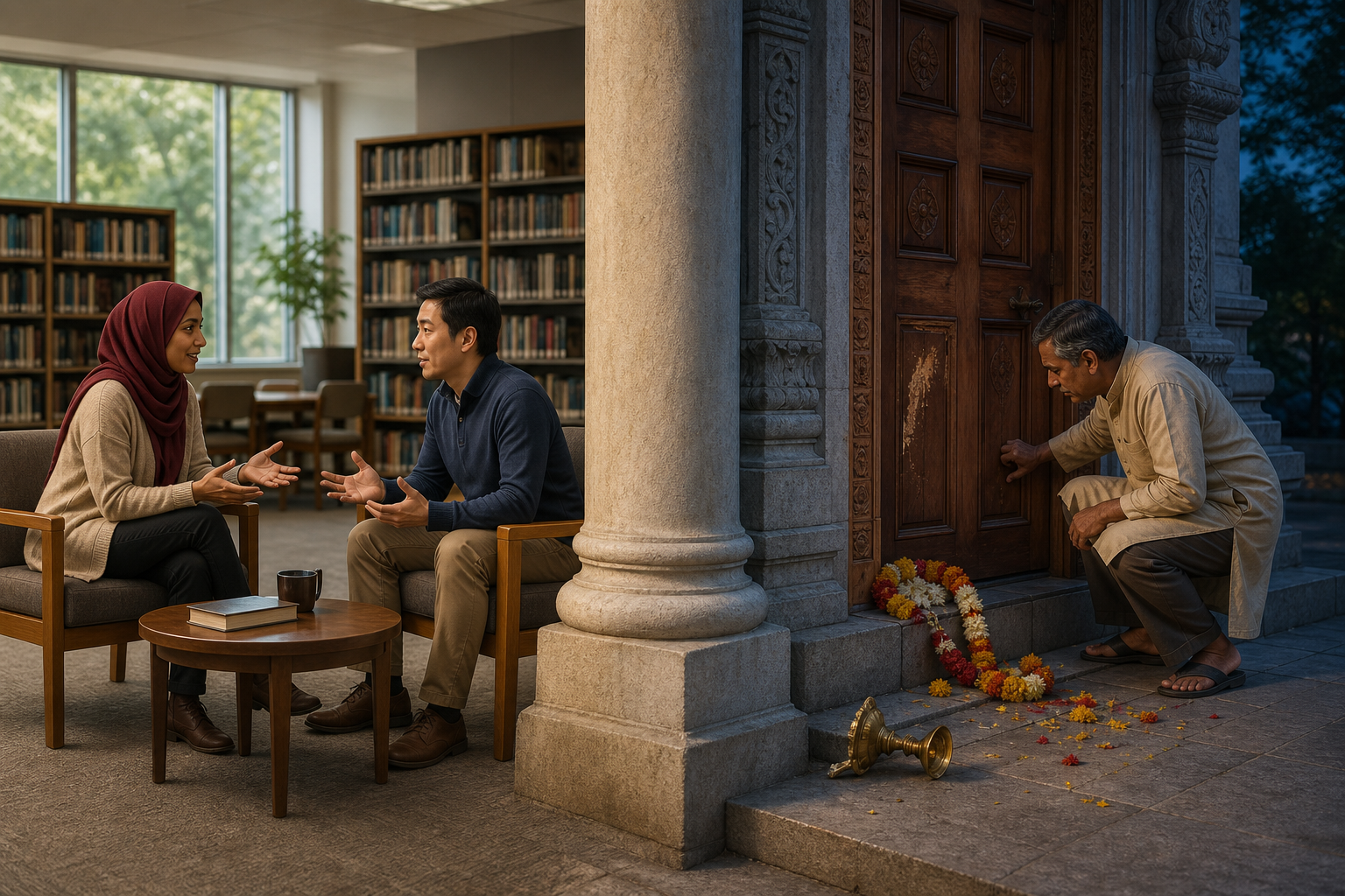 A calm public discussion appears beside a separate scene in which a Hindu Canadian caretaker examines damage at a temple entrance.