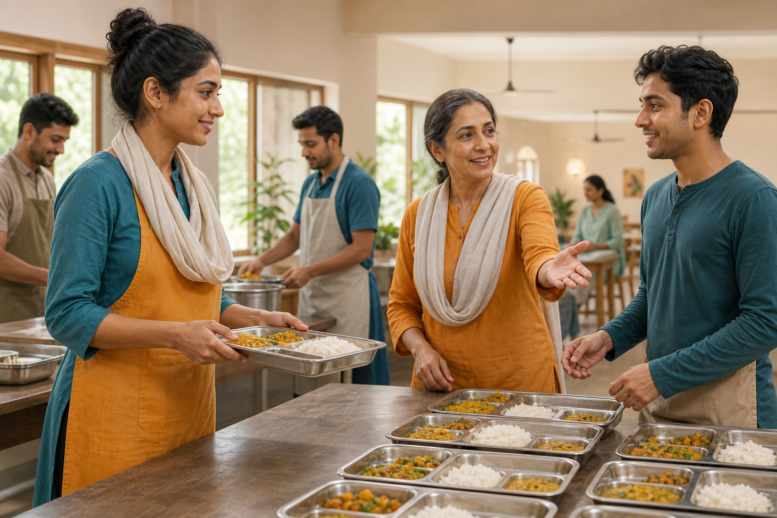 One volunteer agrees to carry a single meal tray while another helper takes responsibility for the remaining trays.
