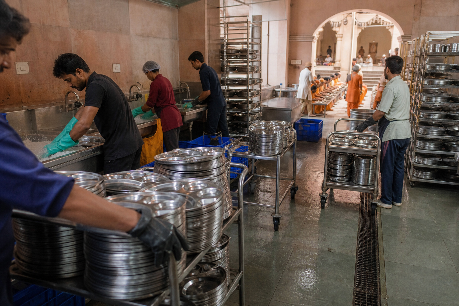 Volunteers wash, dry, rack, and return stainless-steel plates on trolleys while meal service continues in the adjoining courtyard.