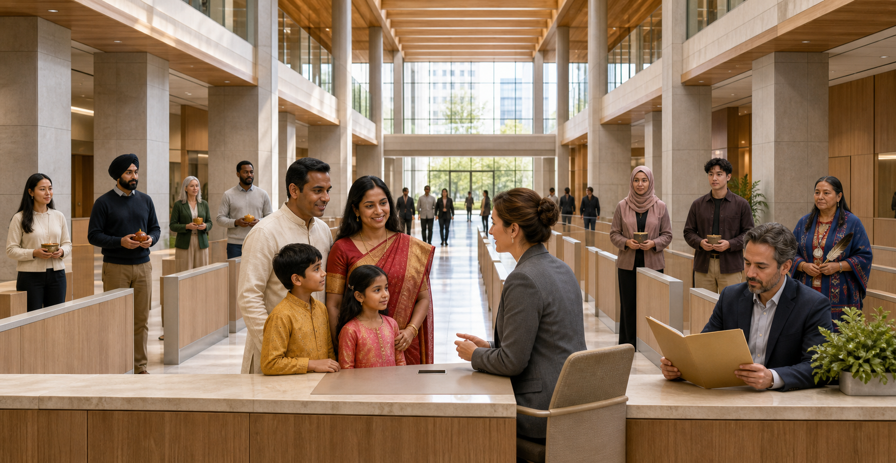 People from several faith communities receive assistance at the same service desk in a bright Canadian public building.