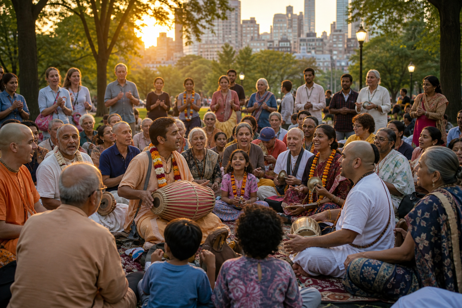 Devotees of several generations sing and play drums and hand cymbals together in a New York City park at golden hour.