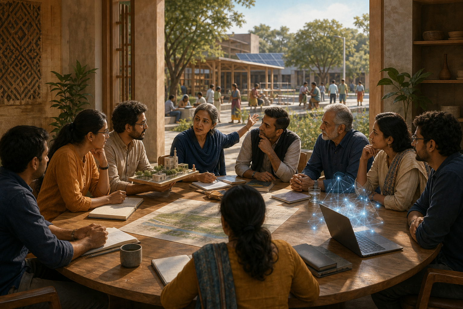 Indian managers, engineers, educators, and community representatives deliberate around a wooden table while a subtle digital network represents AI as a supporting tool.