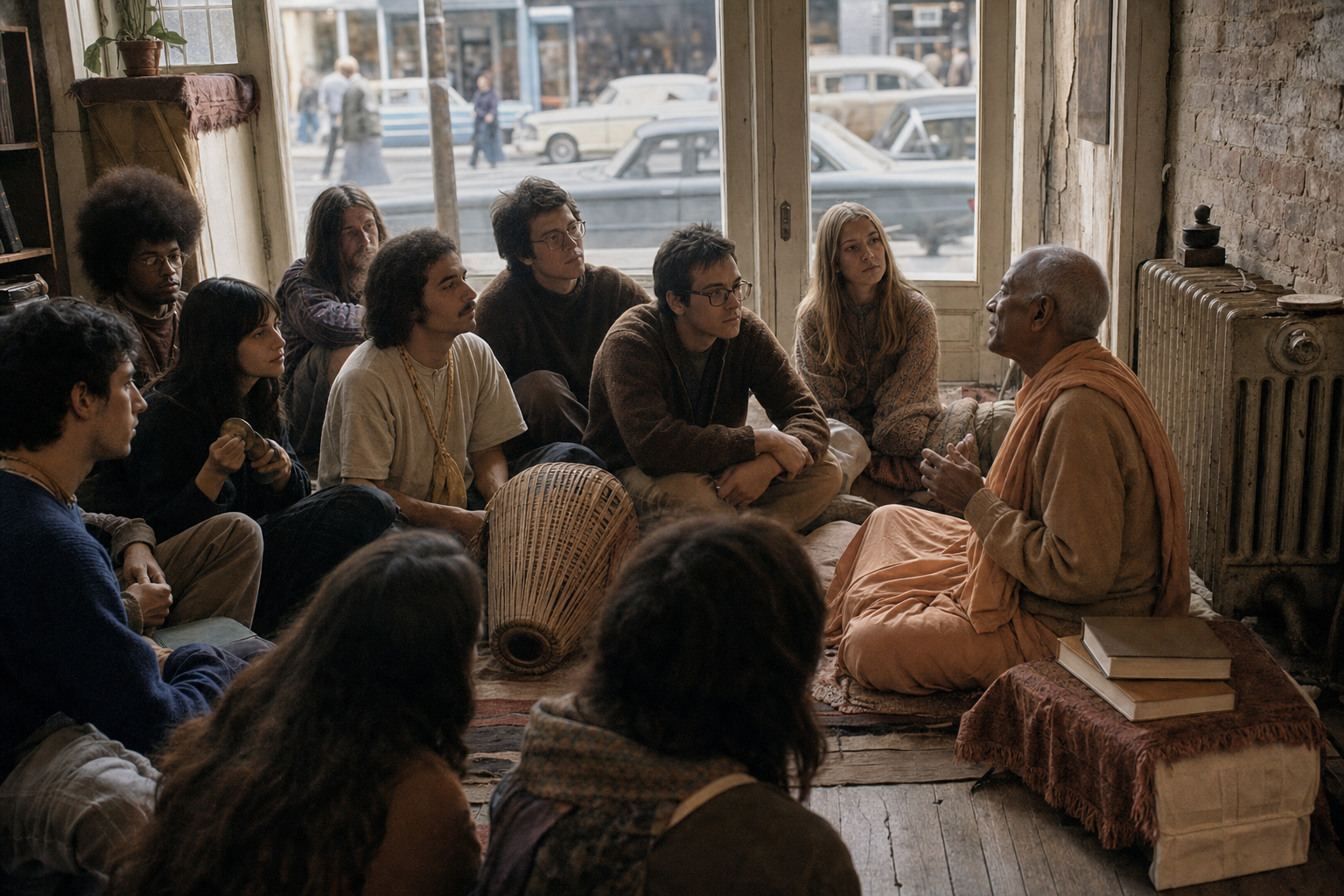 A small group sits on rugs in a modest 1960s New York storefront while a saffron-robed Vaishnava teacher leads a devotional gathering.