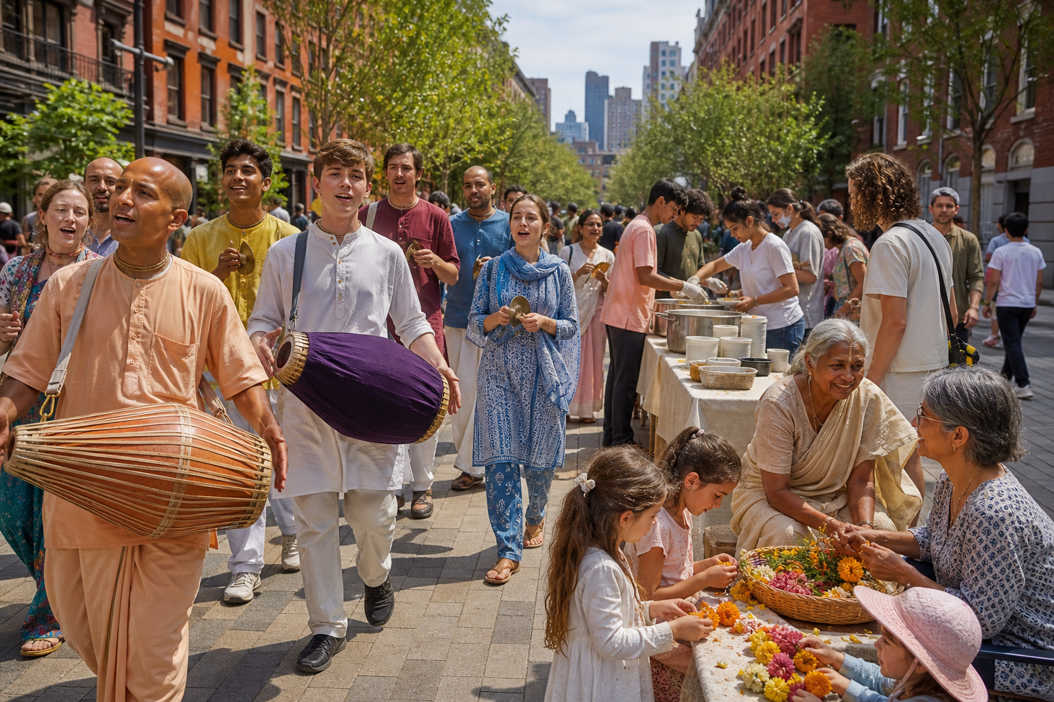 Devotees lead a public kirtan on a Manhattan street as volunteers serve vegetarian food and children make flower garlands nearby.