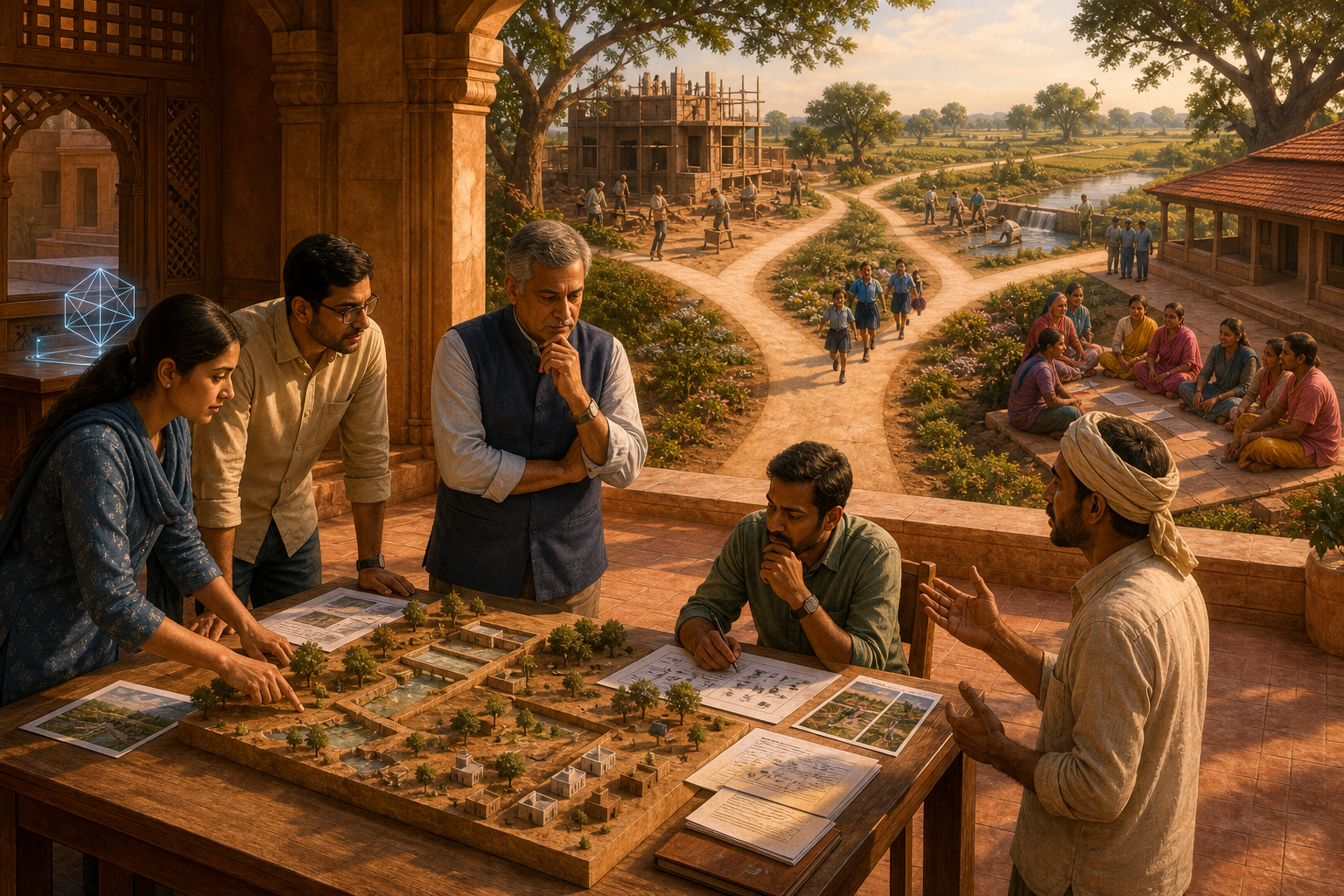 An Indian management team studies a community infrastructure problem and its possible consequences before using a softly glowing AI system behind them.