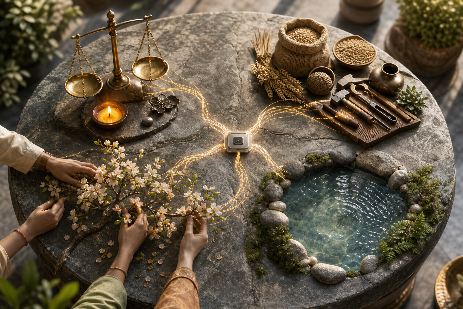 Four interconnected symbolic arrangements surround a small AI processor, representing ethical duty, prosperity, human well-being, and long-term freedom in balance.