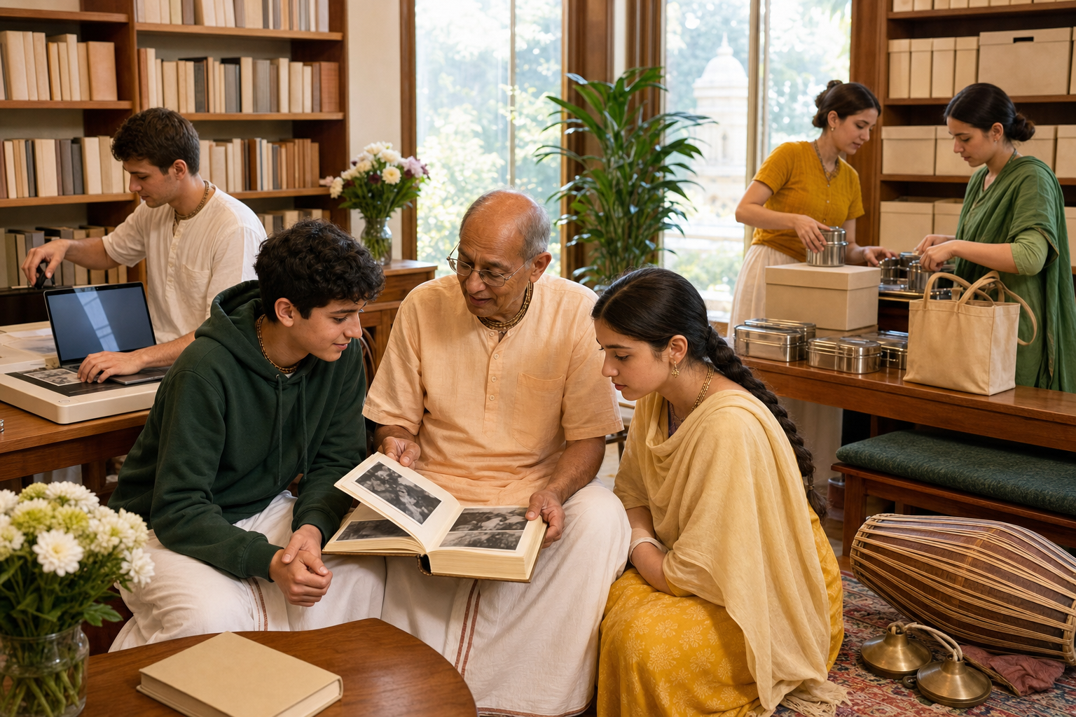An elder shows archival photographs to teenagers while other devotees digitize records and prepare containers for a community meal service.