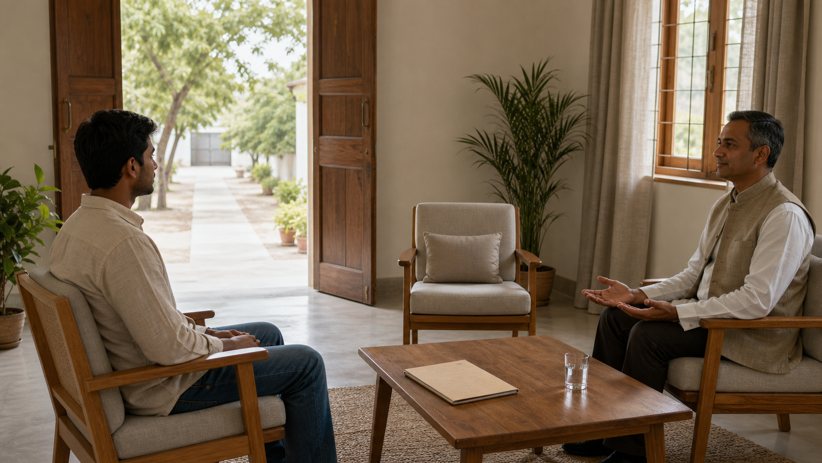 A visitor and facilitator sit at a respectful distance in a quiet room beside an open, unobstructed doorway.