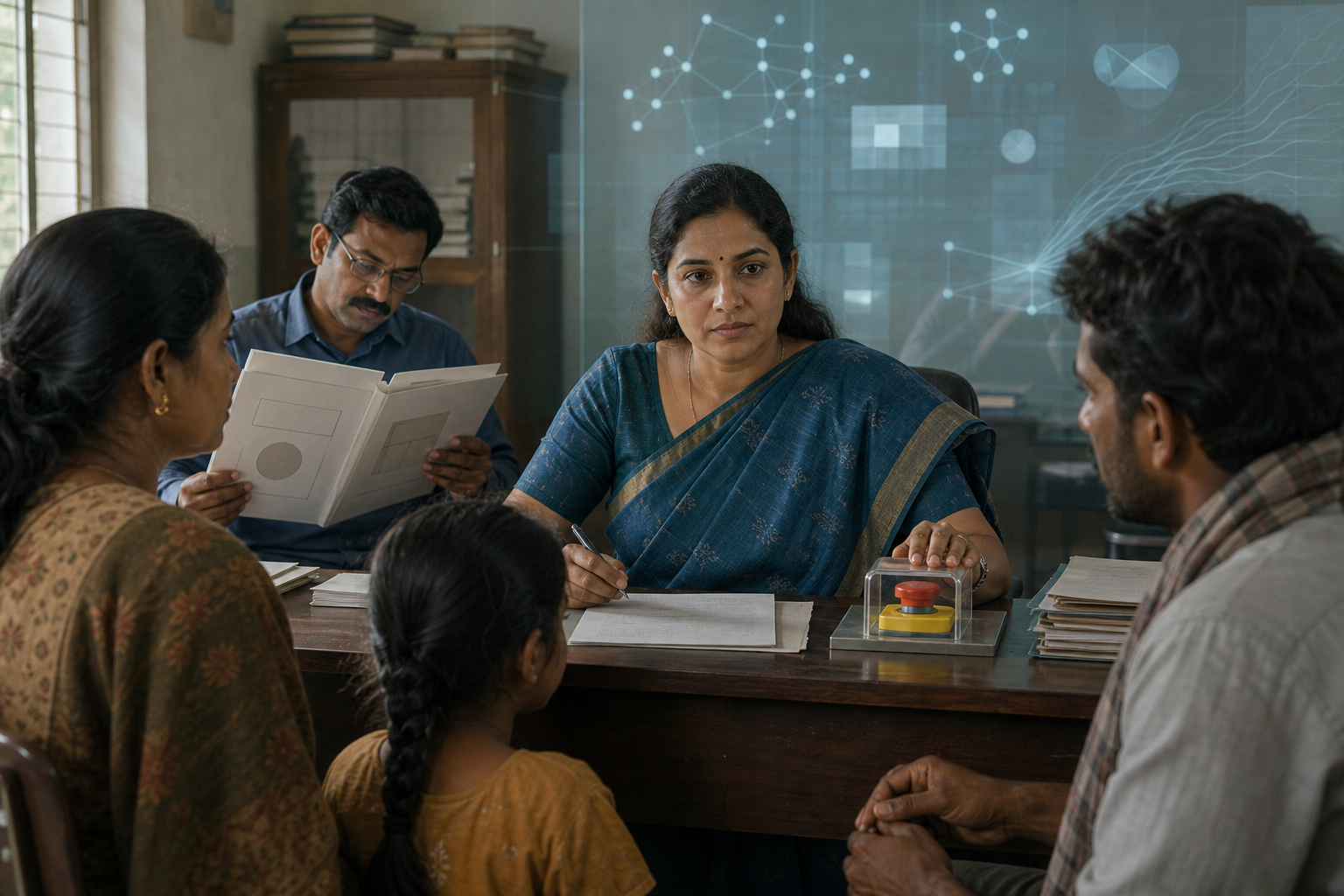 An Indian public-service official reviews an AI recommendation while consulting an affected family and a frontline caseworker, with a manual override control nearby.