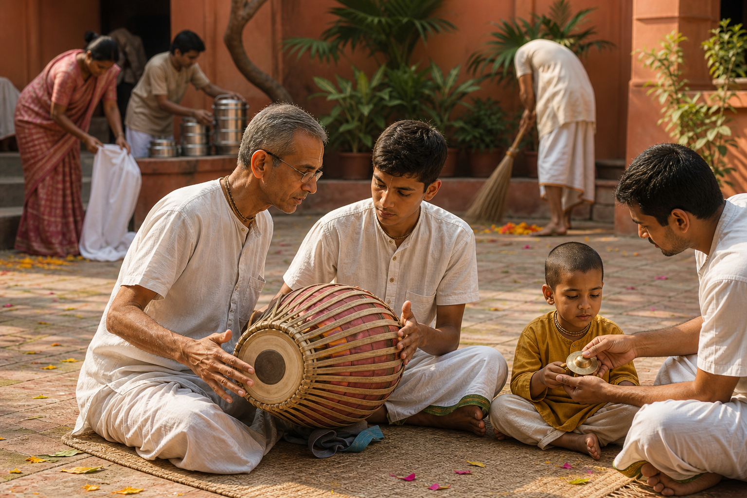 Older and younger devotees teach a teenager to play a drum and give hand cymbals to a child while volunteers clean and organize a courtyard.