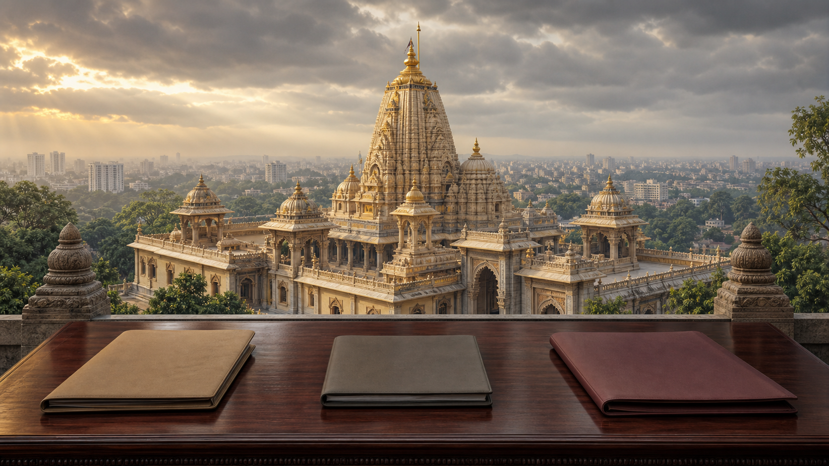 An illustrated Krishna temple complex in Bengaluru appears behind three unmarked legal case folders on a dark wooden table under a cloudy dawn sky.
