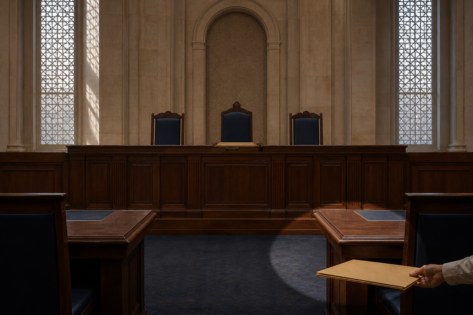 An empty courtroom contains a closed judgment folder on the central bench and a separate unopened folder illuminated nearby.