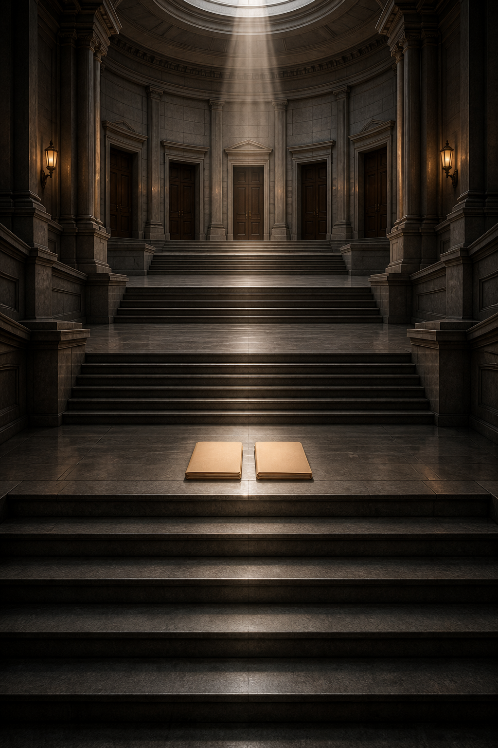 Two unmarked case folders ascend stone courthouse landings and stop before a semicircle of closed doors.