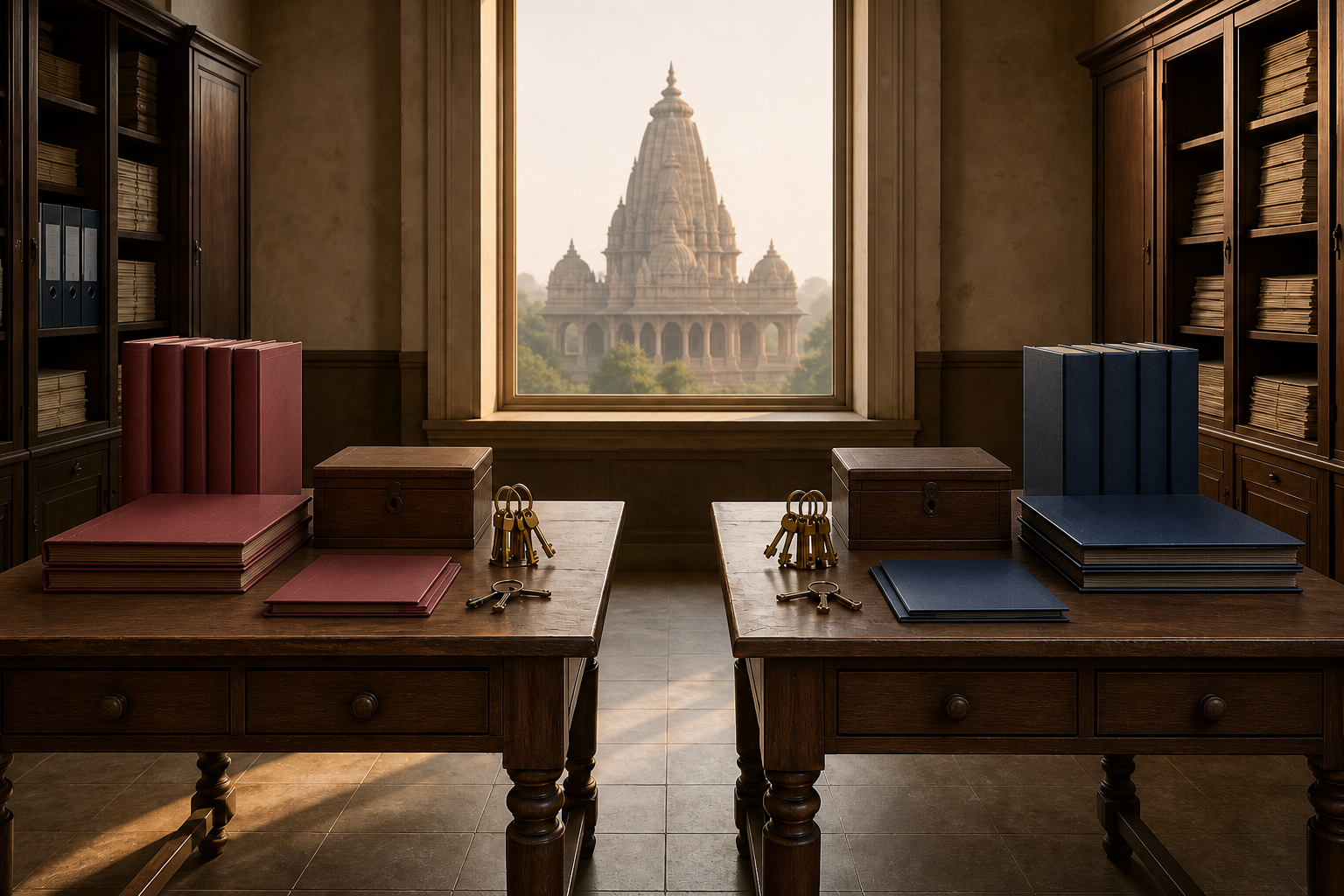 Two separate administrative tables with blank ledgers, keys, and donation boxes face the same distant temple silhouette.
