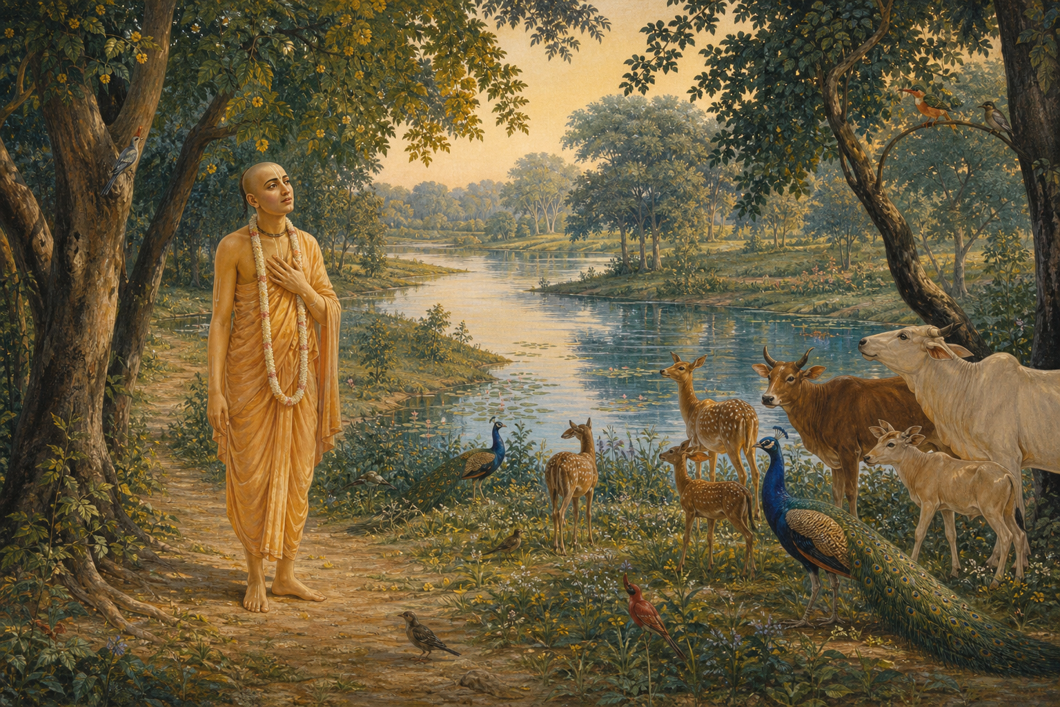 Sri Caitanya pauses tearfully on a forest path in Vrindavan as cows, deer, peacocks, and birds gather near the Yamuna.