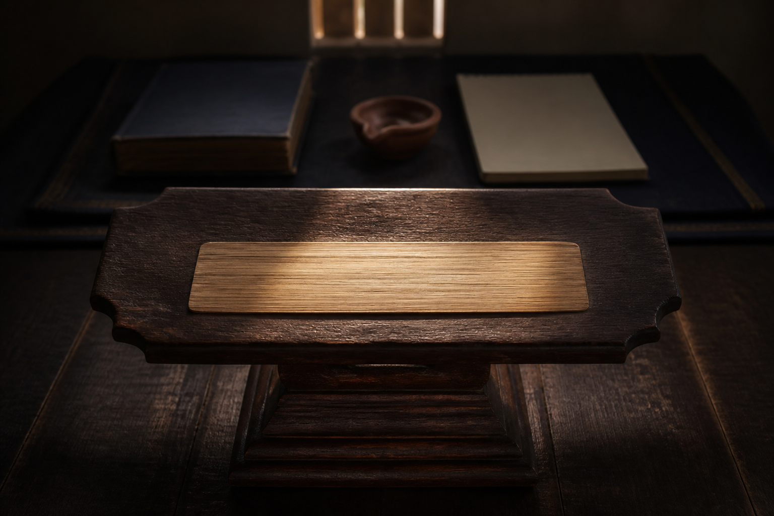 A single unmarked palm-leaf folio is illuminated on a reading stand while a closed book, blank notebook, and clay lamp remain in the background.