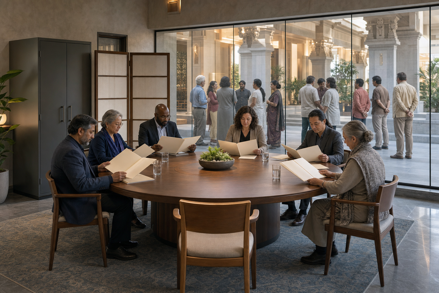 An independent panel reviews anonymous case folders in a visible meeting room while confidential records remain secured behind a privacy screen.